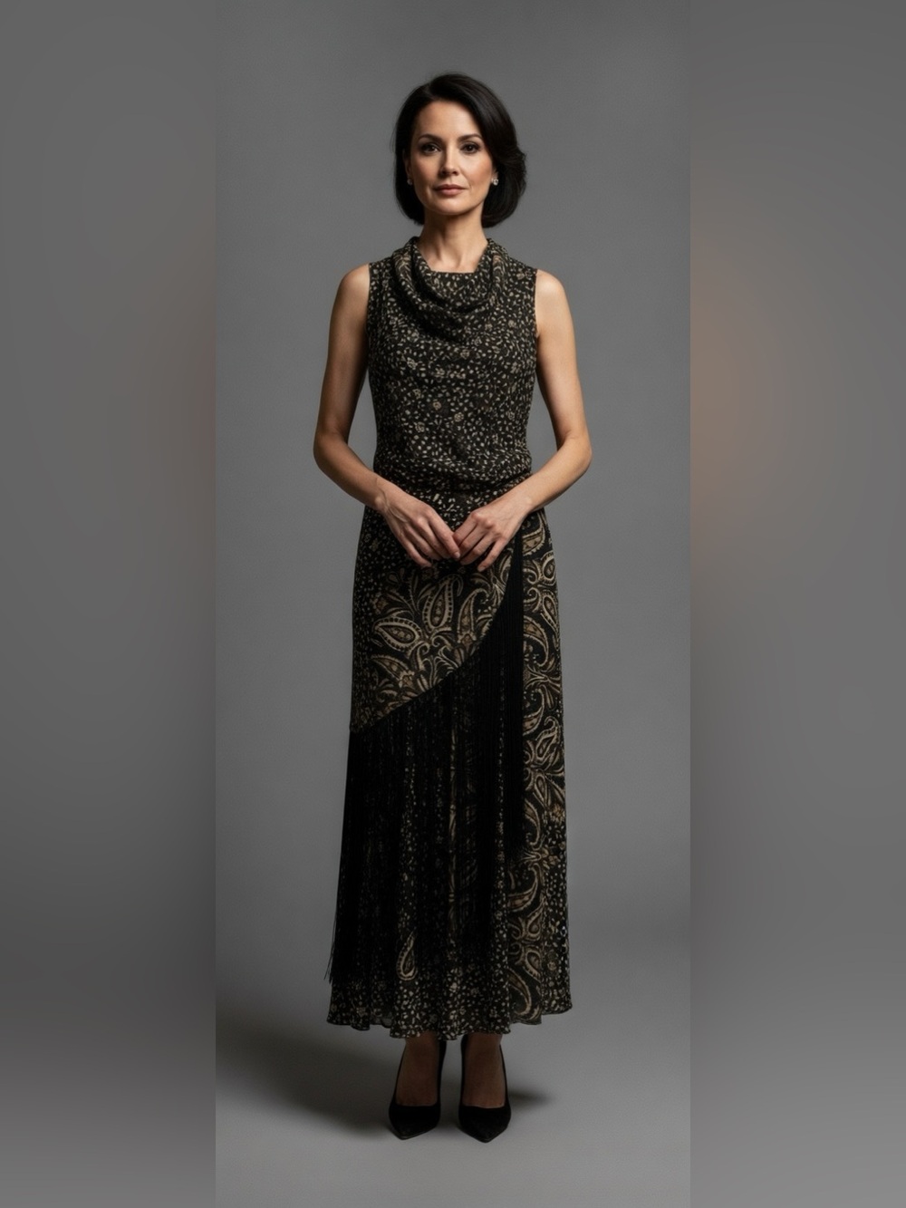 NEW Jonathan Simkhai Black and Gold Paisley Fringe Maxi Dress